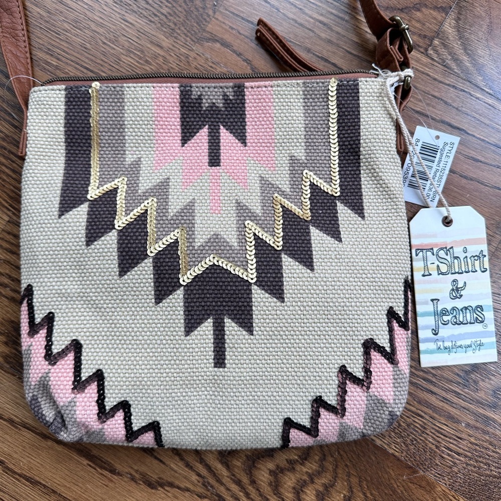 T-shirt And Jeans Boho Aztec Western Crossbody Purse Handbag Pink Brown Tan NWT
